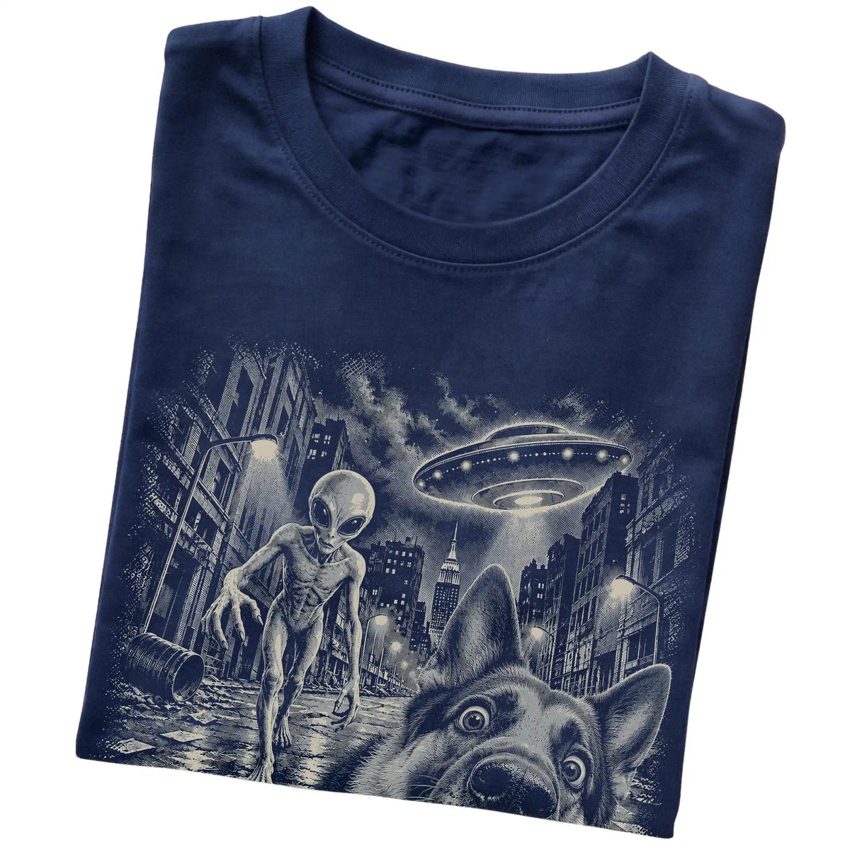 German Shepherd Alien Selfie Gildan Softstyle T-Shirt in Navy, folded view