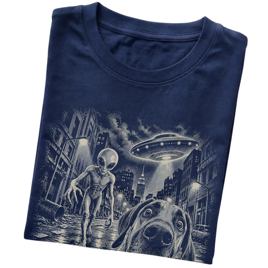 Great Dane Alien Selfie Gildan Softstyle T-Shirt in Navy, folded view