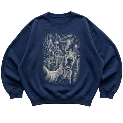 Greyhound Alien Selfie Gildan Crewneck Sweatshirt in Navy, flat view
