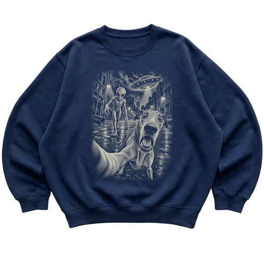 Greyhound Alien Selfie Gildan Crewneck Sweatshirt in Navy, flat view