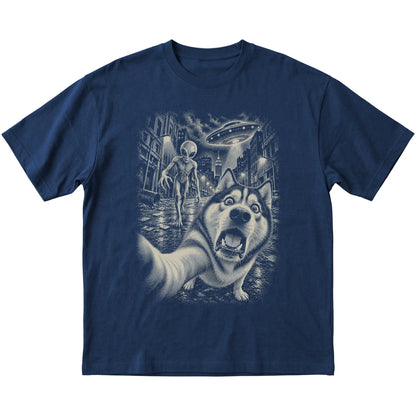 Husky Alien Selfie Gildan Softstyle T-Shirt in Navy, flat view