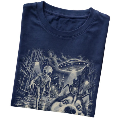 Husky Alien Selfie Gildan Softstyle T-Shirt in Navy, folded view