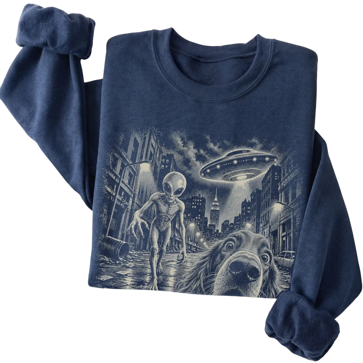 Irish Setter Alien Selfie Gildan Crewneck Sweatshirt in Navy, folded view