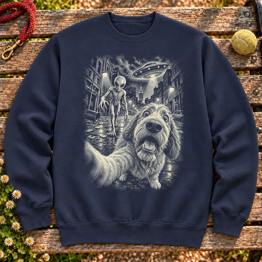 Labradoodle and alien selfie design on a Navy crewneck sweatshirt shown flat