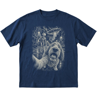 Labradoodle Alien Selfie Gildan Softstyle T-Shirt in Navy, flat view