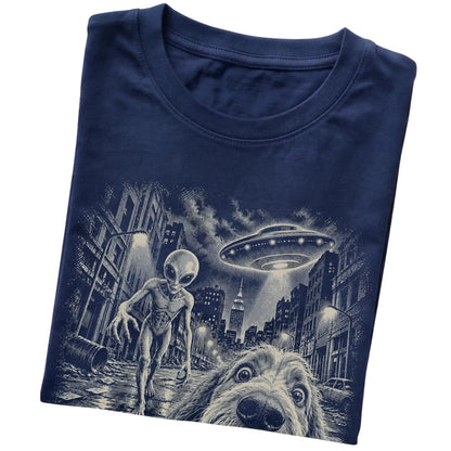 Labradoodle Alien Selfie Gildan Softstyle T-Shirt in Navy, folded view