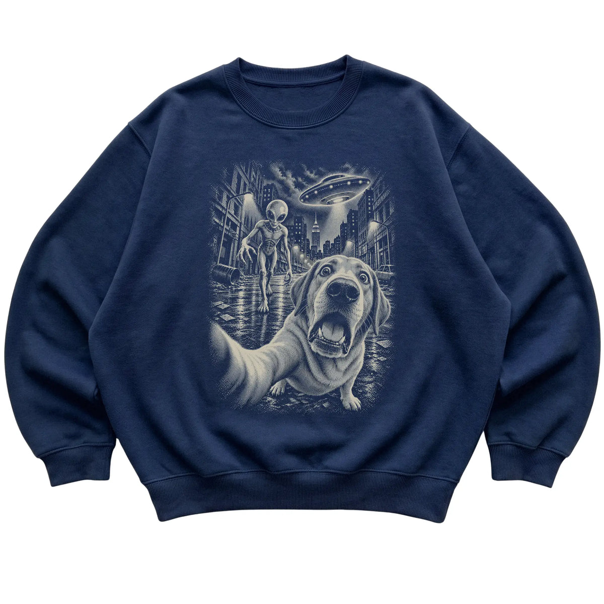 Labrador Retriever Alien Selfie Gildan Crewneck Sweatshirt in Navy, flat view
