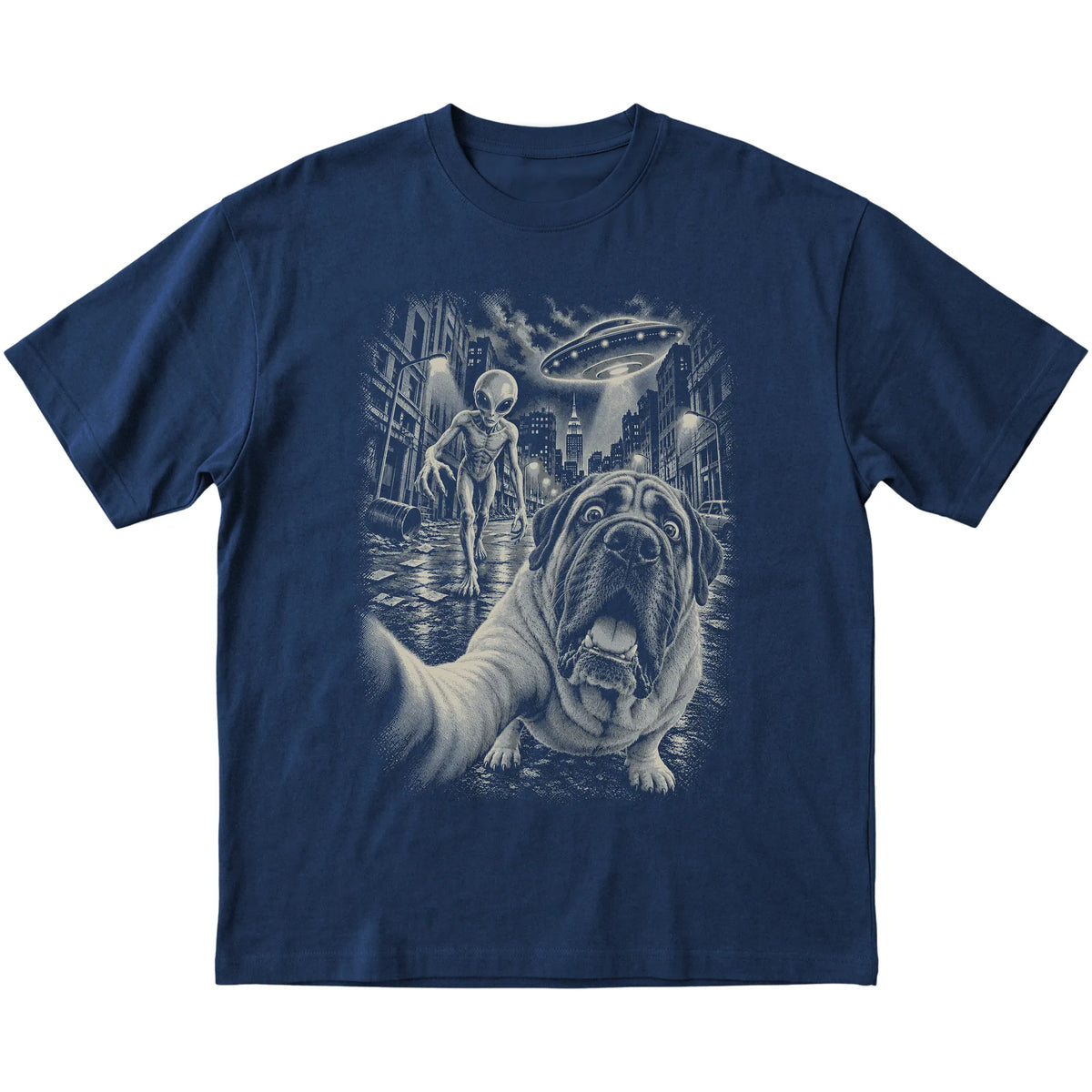 Mastiff Alien Selfie Gildan Softstyle T-Shirt in Navy, flat view