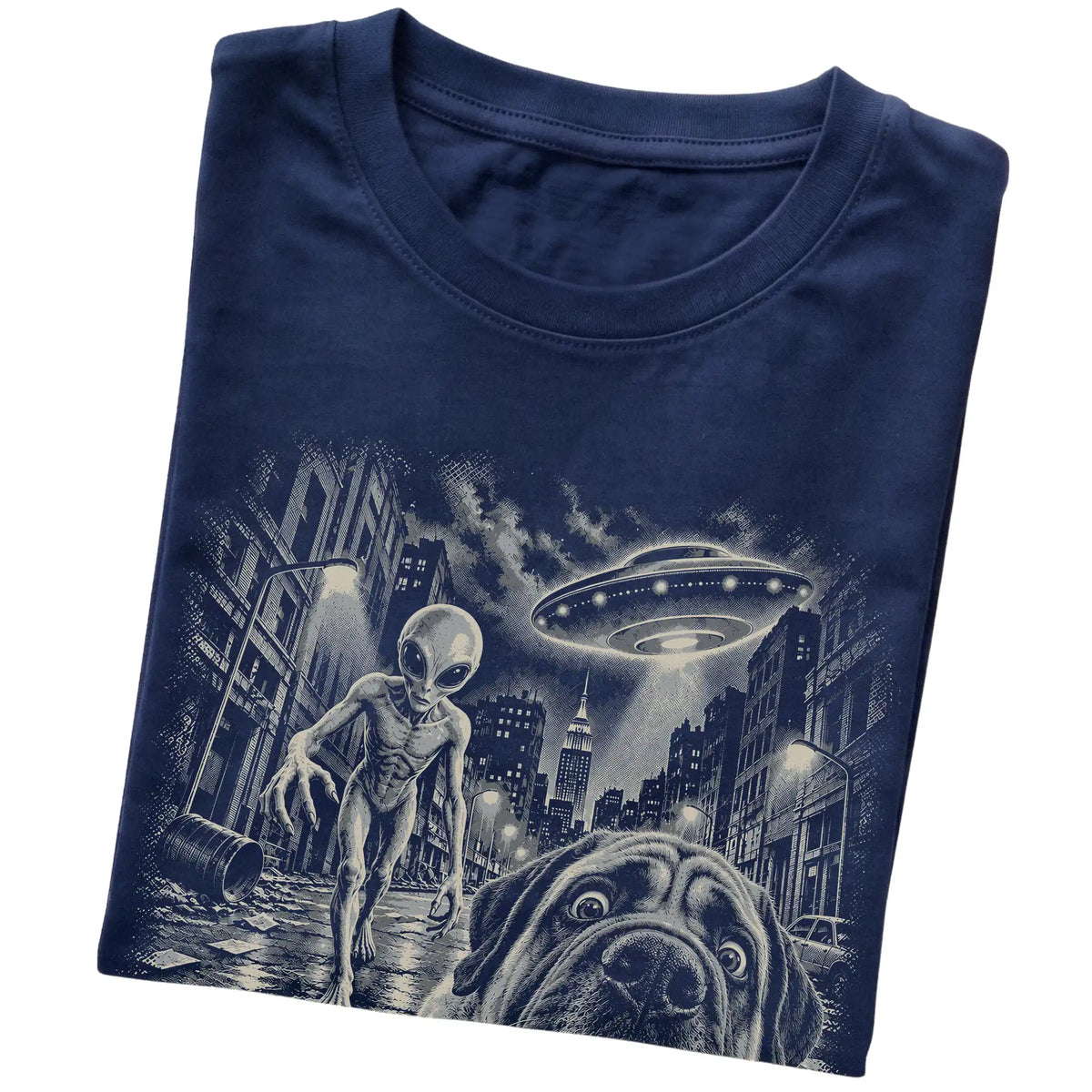 Mastiff Alien Selfie Gildan Softstyle T-Shirt in Navy, folded view