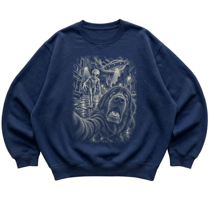 Newfie Alien Selfie Gildan Crewneck Sweatshirt in Navy, flat view