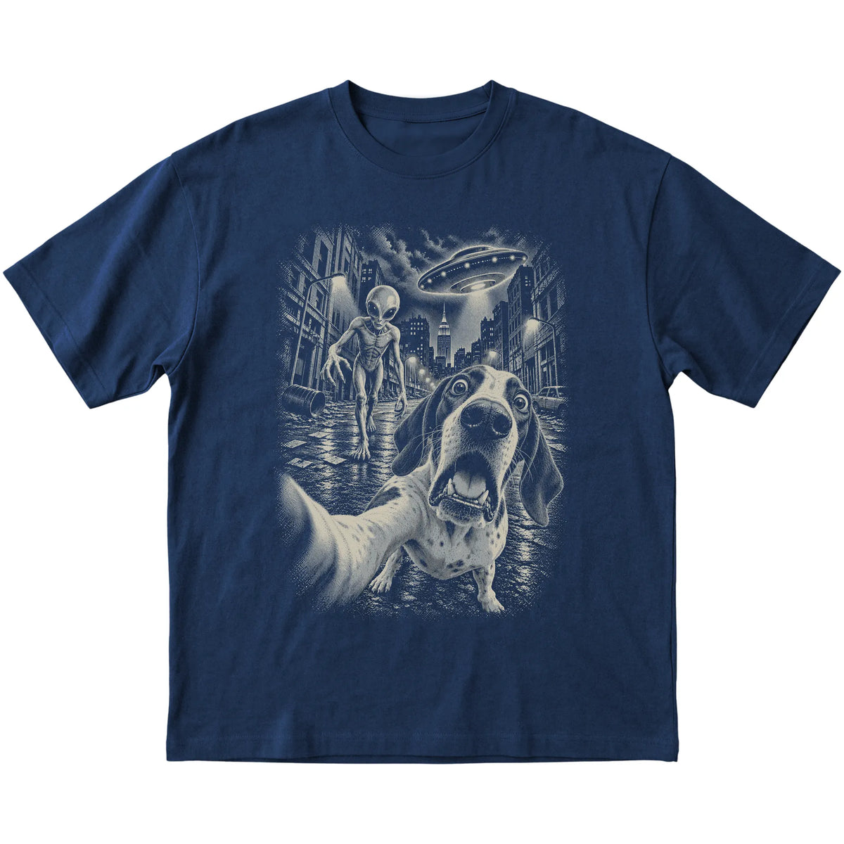Pointer Alien Selfie Gildan Softstyle T-Shirt in Navy, flat view