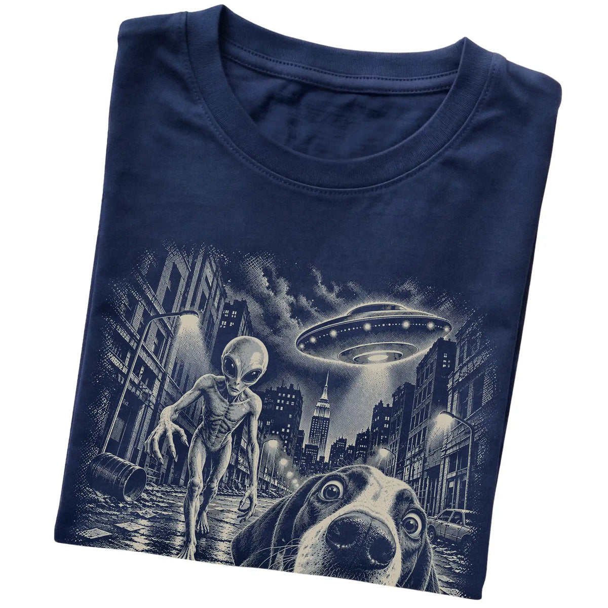 Pointer Alien Selfie Gildan Softstyle T-Shirt in Navy, folded view
