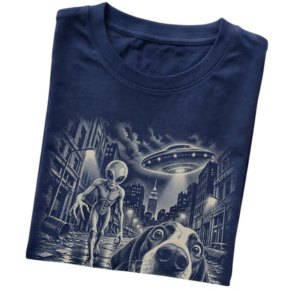 Pointer Alien Selfie Gildan Softstyle T-Shirt in Navy, folded view