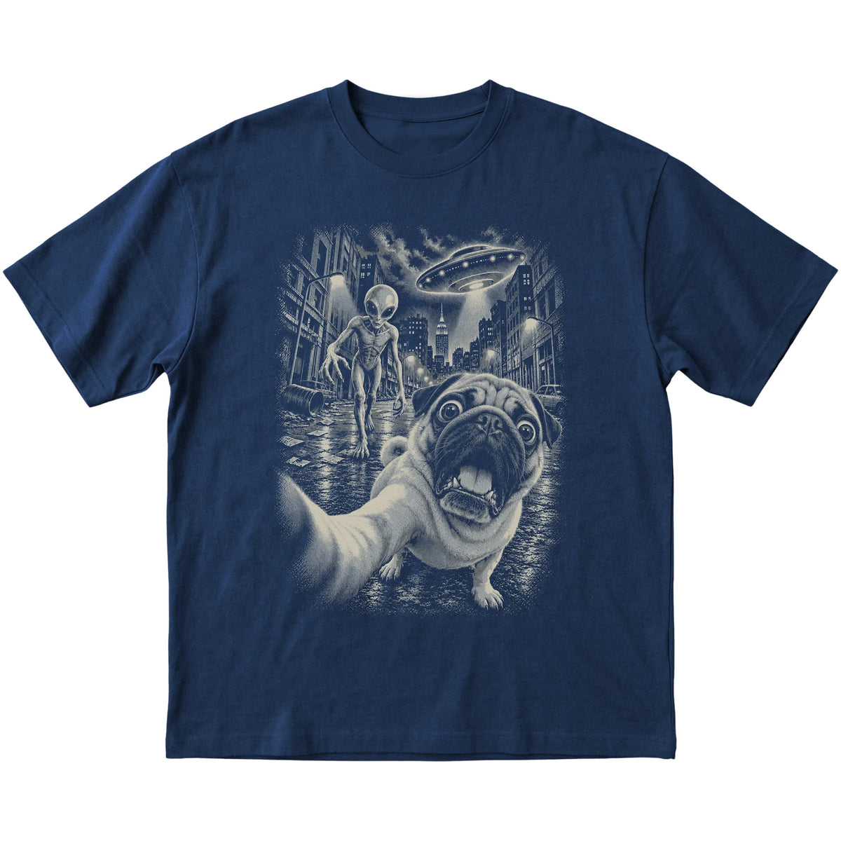 Pug Alien Selfie Gildan Softstyle T-Shirt in Navy, flat view