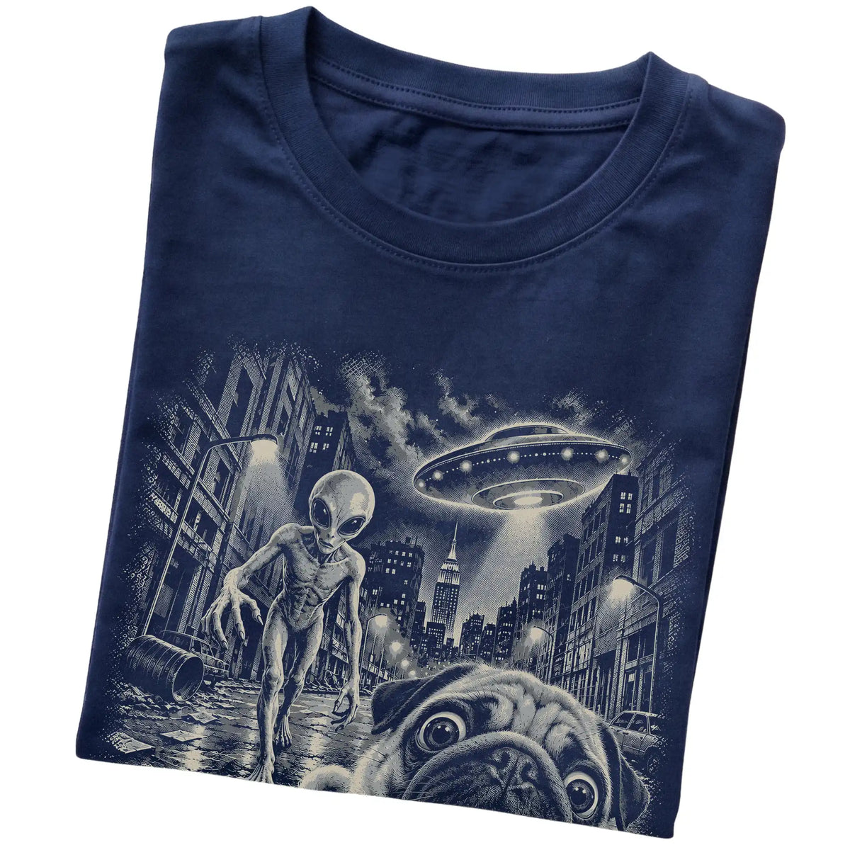 Pug Alien Selfie Gildan Softstyle T-Shirt in Navy, folded view