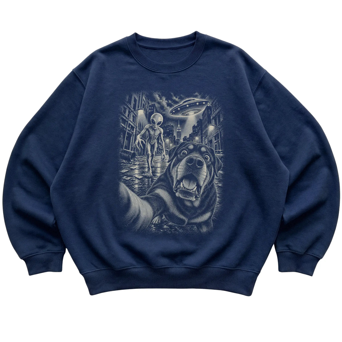 Rottweiler Alien Selfie Gildan Crewneck Sweatshirt in Navy, flat view