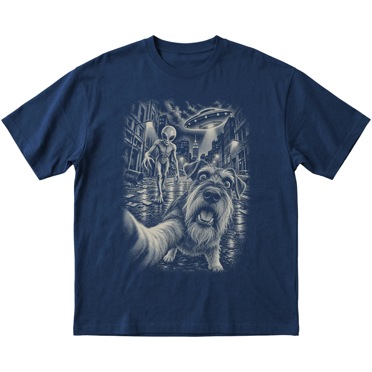 Schnauzer Alien Selfie Gildan Softstyle T-Shirt in Navy, flat view