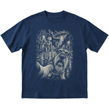 Schnauzer Alien Selfie Gildan Softstyle T-Shirt in Navy, flat view