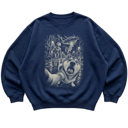 Shiba Inu Alien Selfie Gildan Crewneck Sweatshirt in Navy, flat view