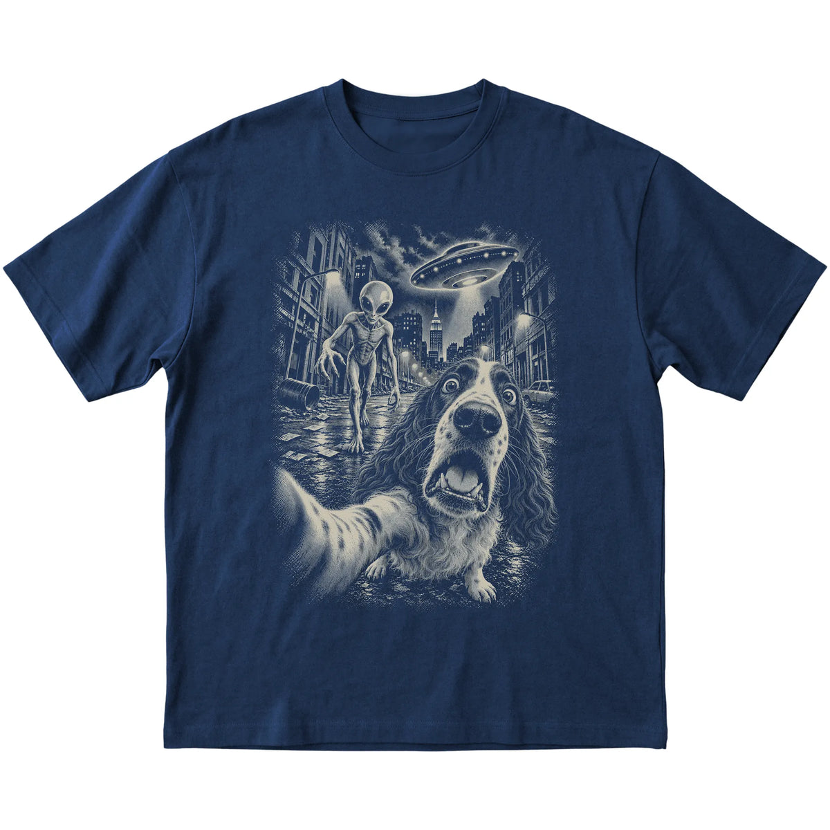 Springer Spaniel Alien Selfie Gildan Softstyle T-Shirt in Navy, flat view