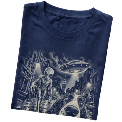 Springer Spaniel Alien Selfie Gildan Softstyle T-Shirt in Navy, folded view