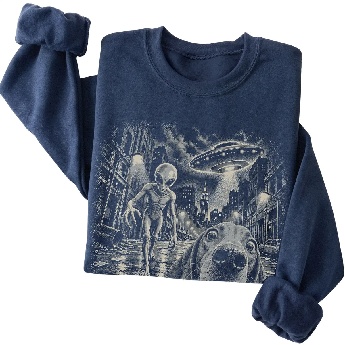 Vizsla Alien Selfie Gildan Crewneck Sweatshirt in Navy, folded view