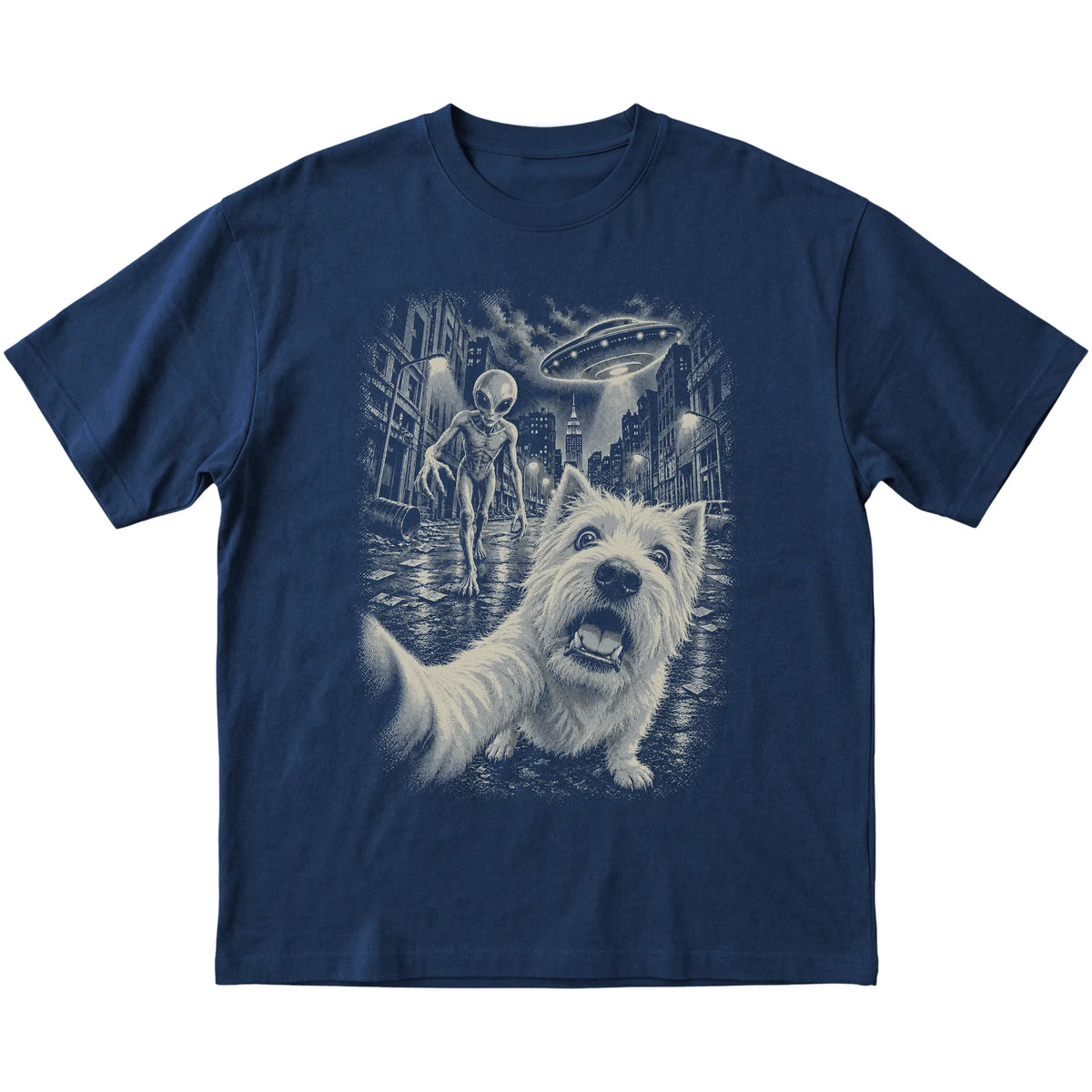 Westie Alien Selfie Gildan Softstyle T-Shirt in Navy, flat view