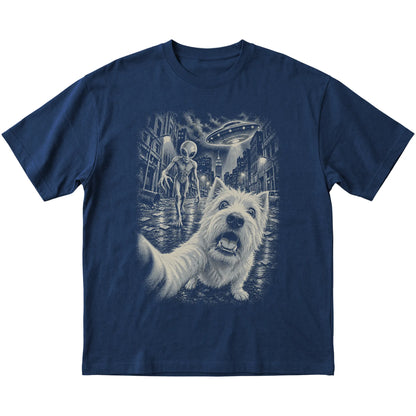 Westie Alien Selfie Gildan Softstyle T-Shirt in Navy, flat view
