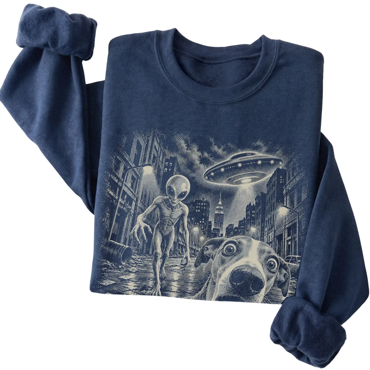 Whippet Alien Selfie Gildan Crewneck Sweatshirt in Navy, folded view