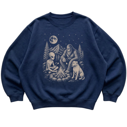 Navy American Bulldog Camping with Bigfoot and Alien shirt laid flat
