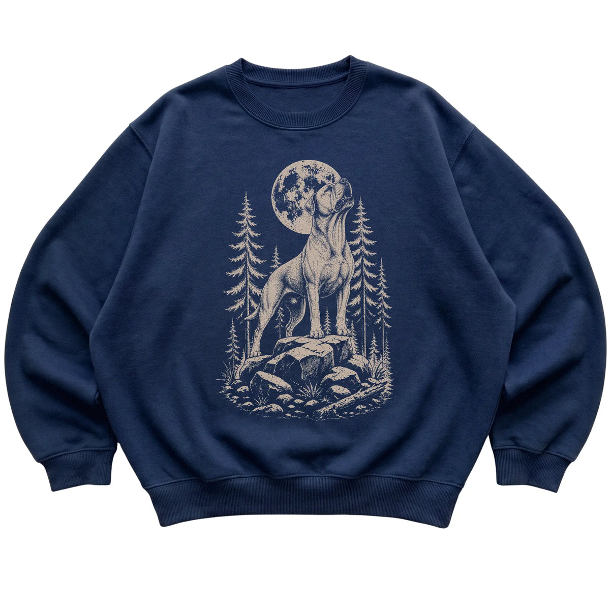 Close view of American Bulldog Howling at the Moon artwork on Navy crewneck sweatshirt