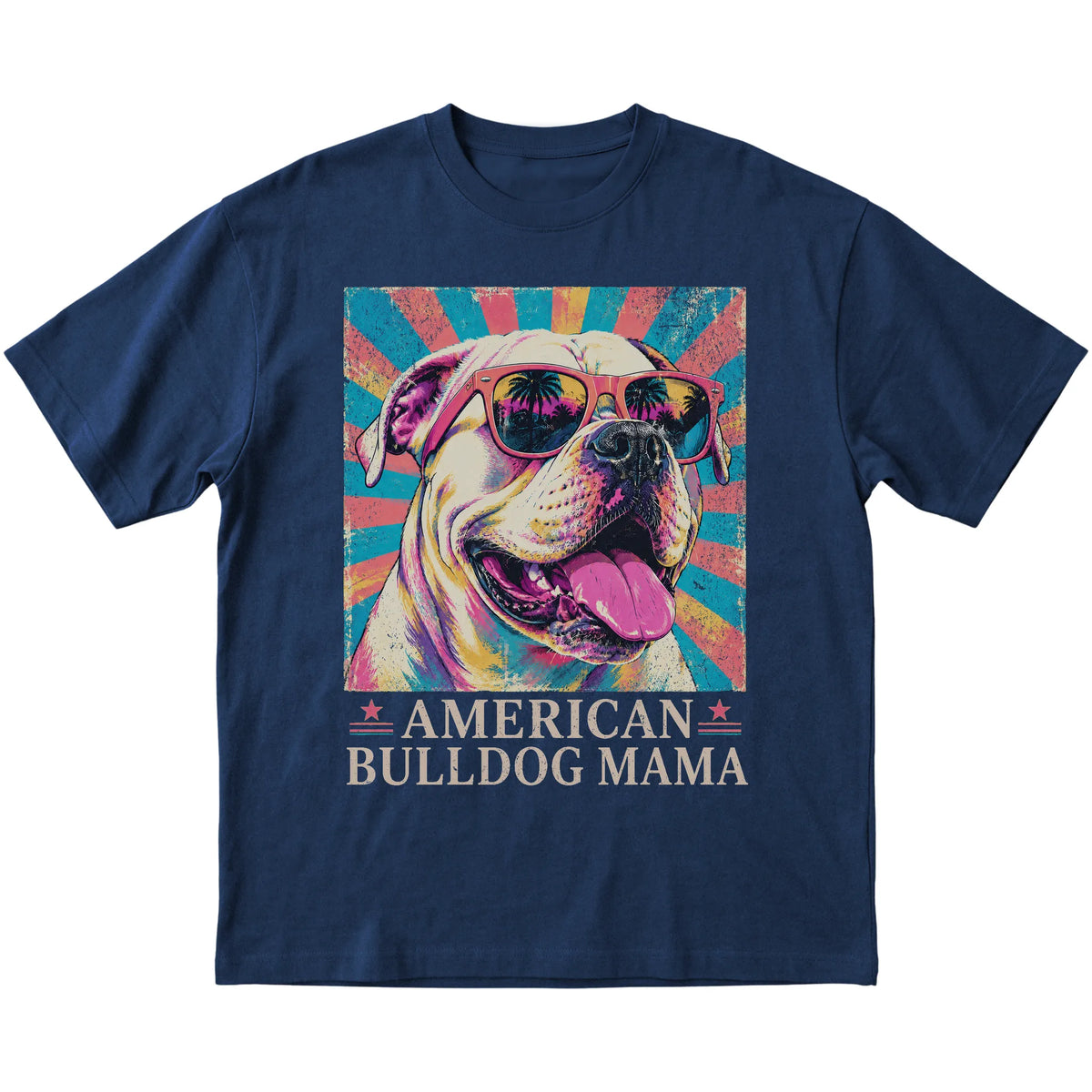 Retro American Bulldog Mama design on a Navy softstyle T-shirt
