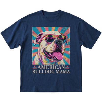 Retro American Bulldog Mama design on a Navy softstyle T-shirt