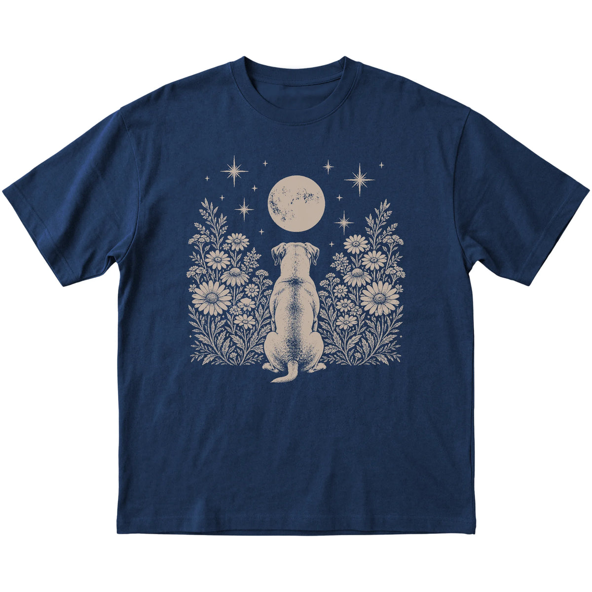 Navy T-shirt featuring Wildflower Moon American Bulldog, laid-flat presentation