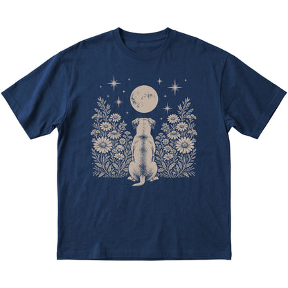 Navy T-shirt featuring Wildflower Moon American Bulldog, laid-flat presentation