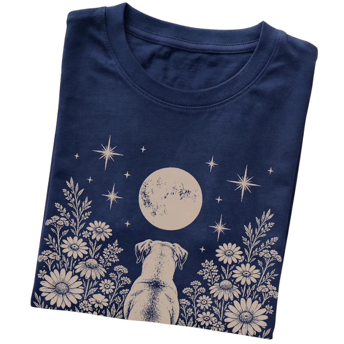 Navy T-shirt featuring Wildflower Moon American Bulldog, folded presentation