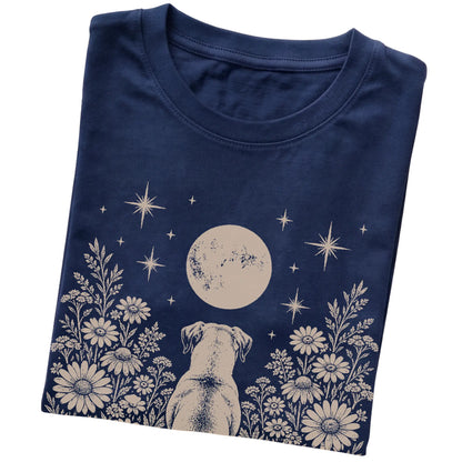 Navy T-shirt featuring Wildflower Moon American Bulldog, folded presentation