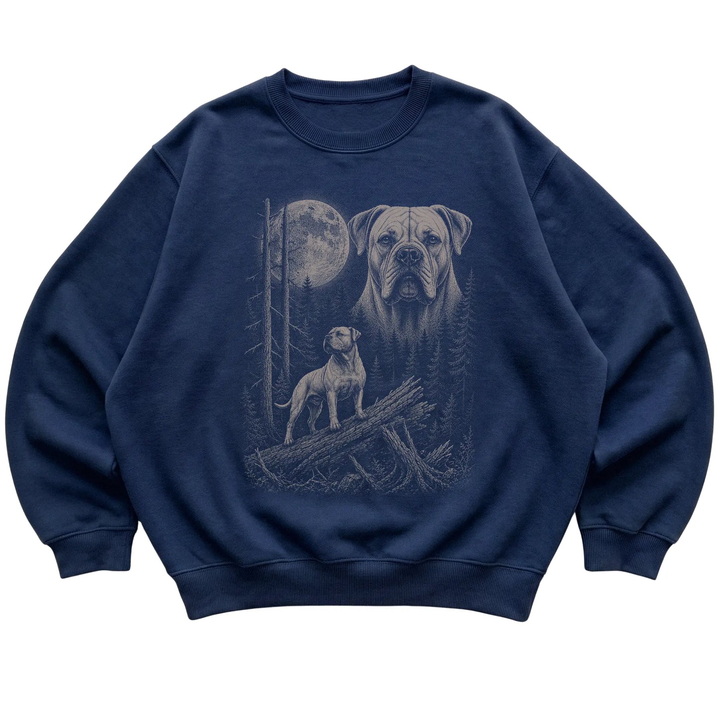 American Bulldog Moonlit Forest graphic on a navy crewneck sweatshirt laid flat