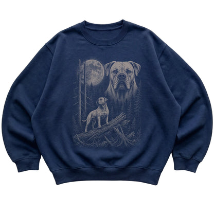American Bulldog Moonlit Forest graphic on a navy crewneck sweatshirt laid flat