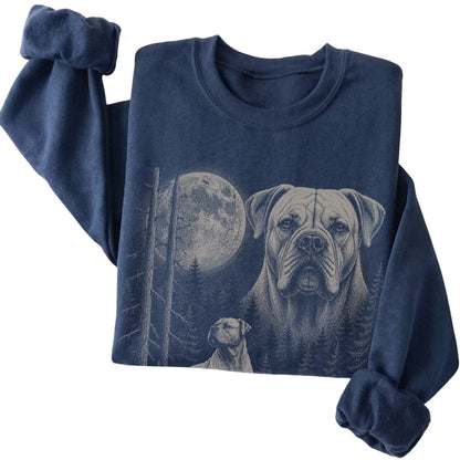 Folded navy crewneck sweatshirt showing the American Bulldog Moonlit Forest graphic