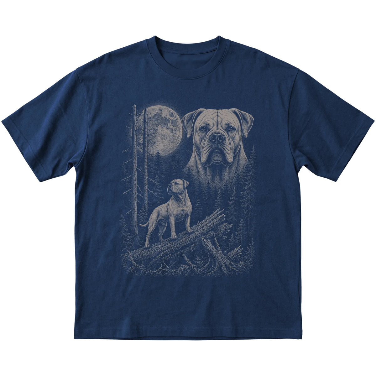 American Bulldog Moonlit Forest graphic on a navy Softstyle T-shirt laid flat