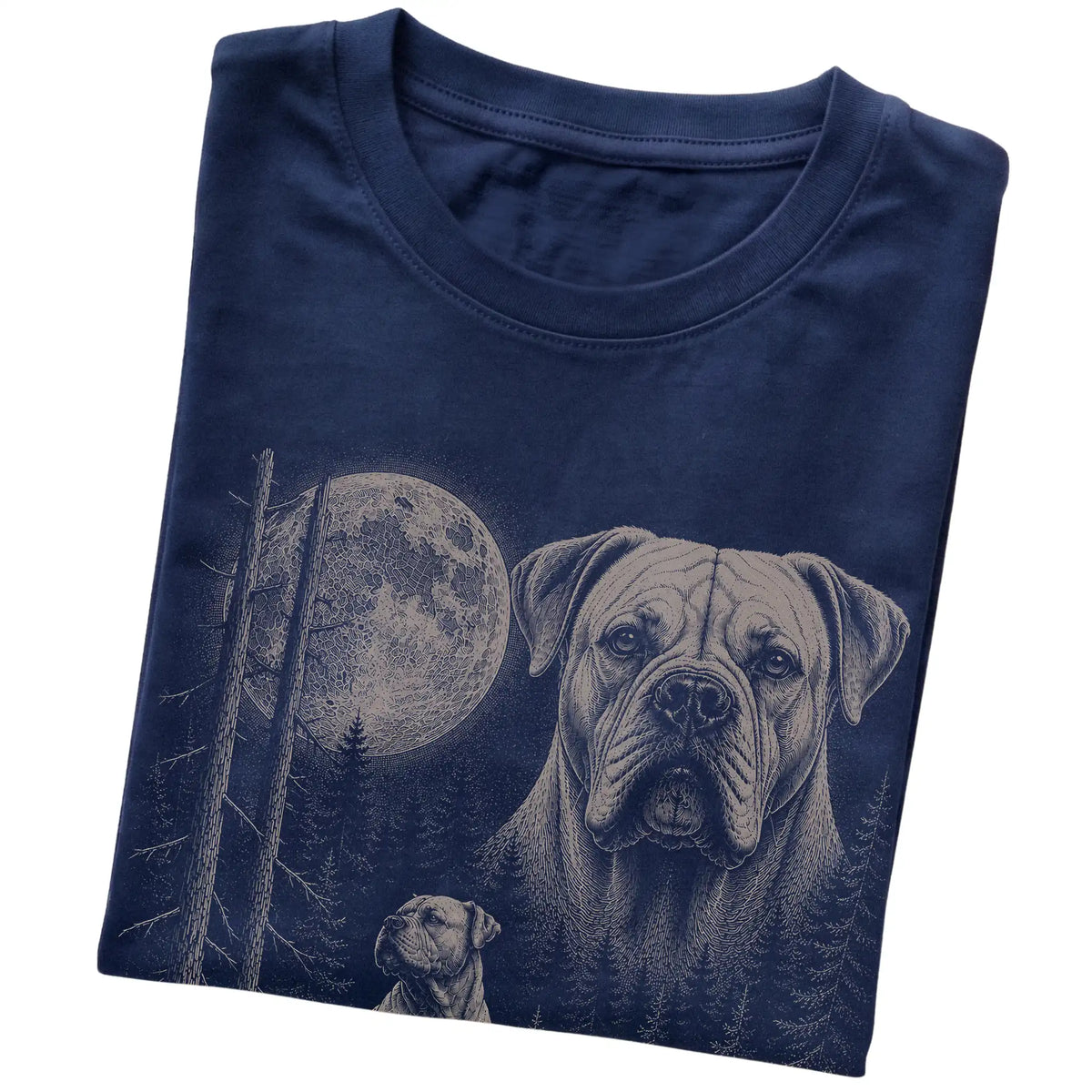 Folded navy Softstyle T-shirt showing the American Bulldog Moonlit Forest graphic