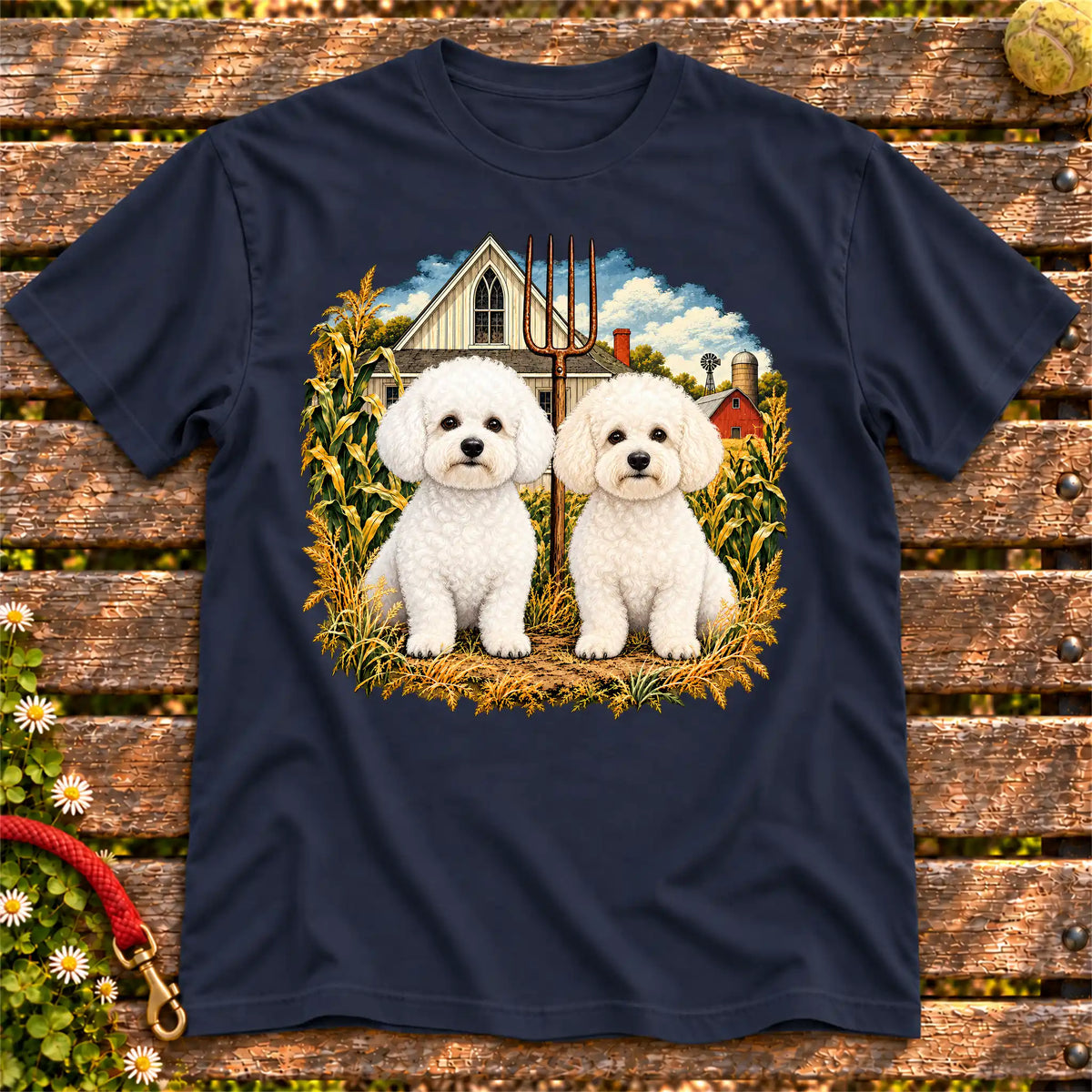 American Dogthic Bichon Frise farmhouse design on a Navy Gildan® Softstyle T-shirt