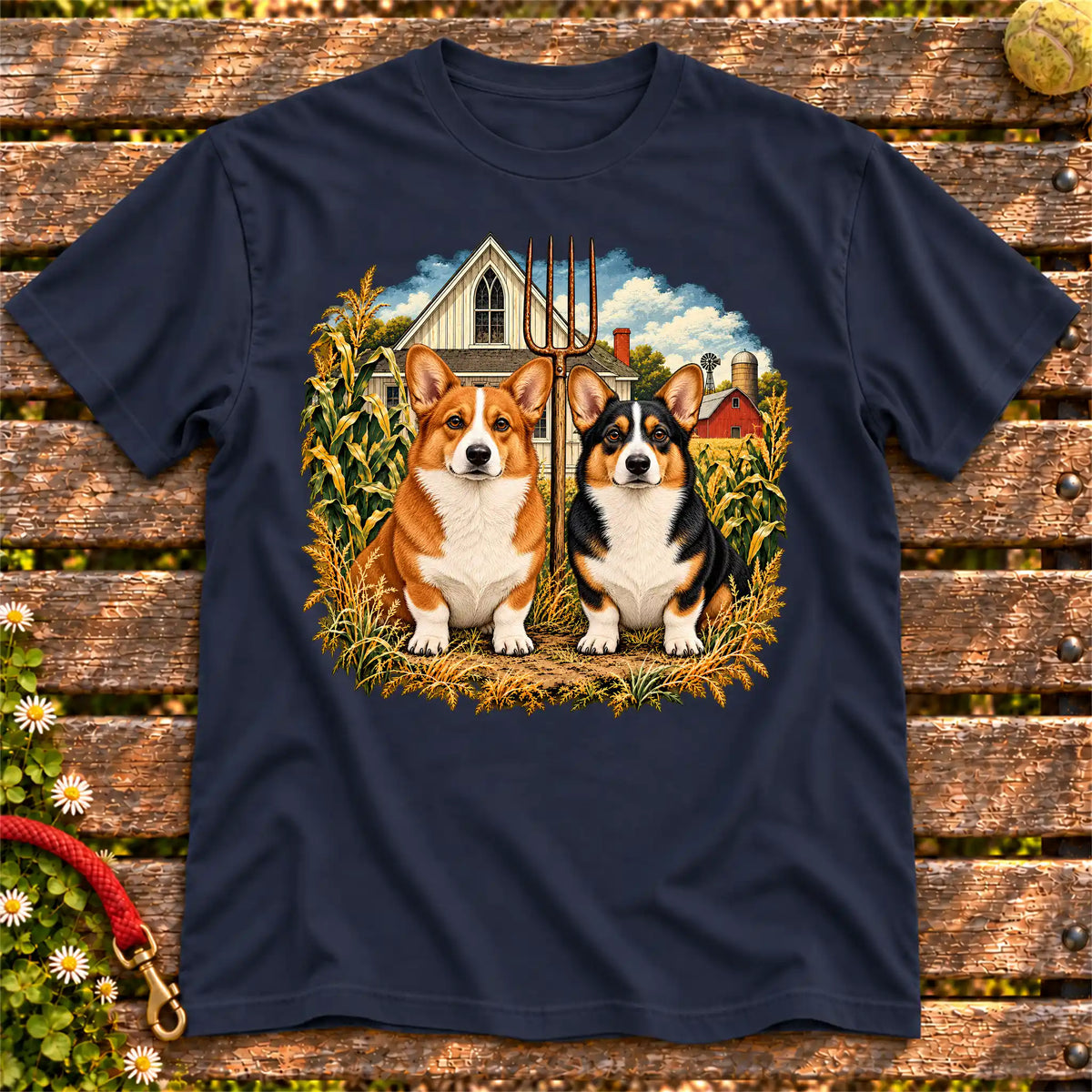 American Dogthic Corgi farmhouse design on a Navy Gildan® Softstyle T-shirt