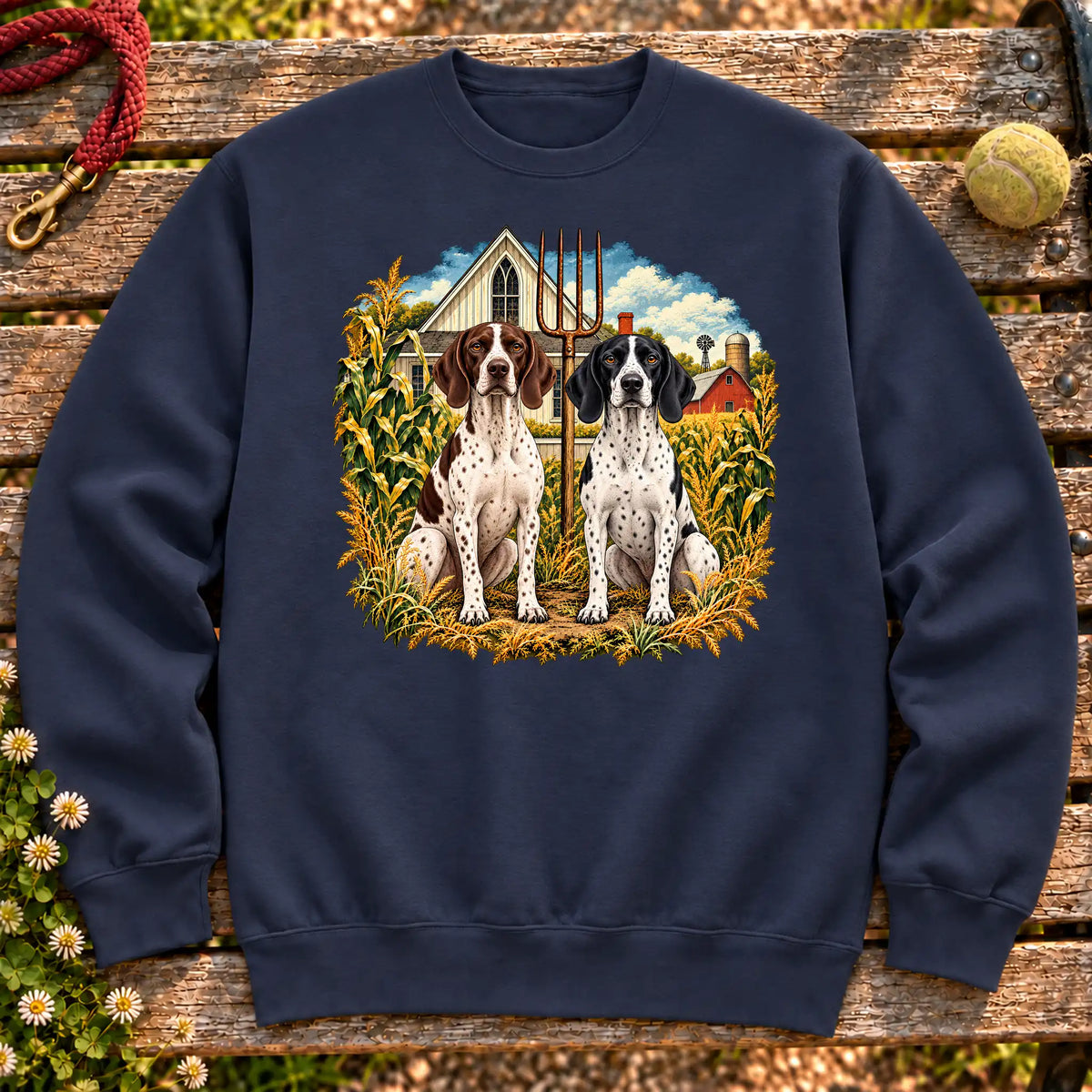 American Dogthic Pointer farmhouse design on a Navy Gildan® Heavy Blend sweatshirt