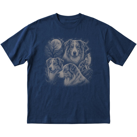 Australian Shepherd 90s Moon T-Shirt in Navy — flat lay