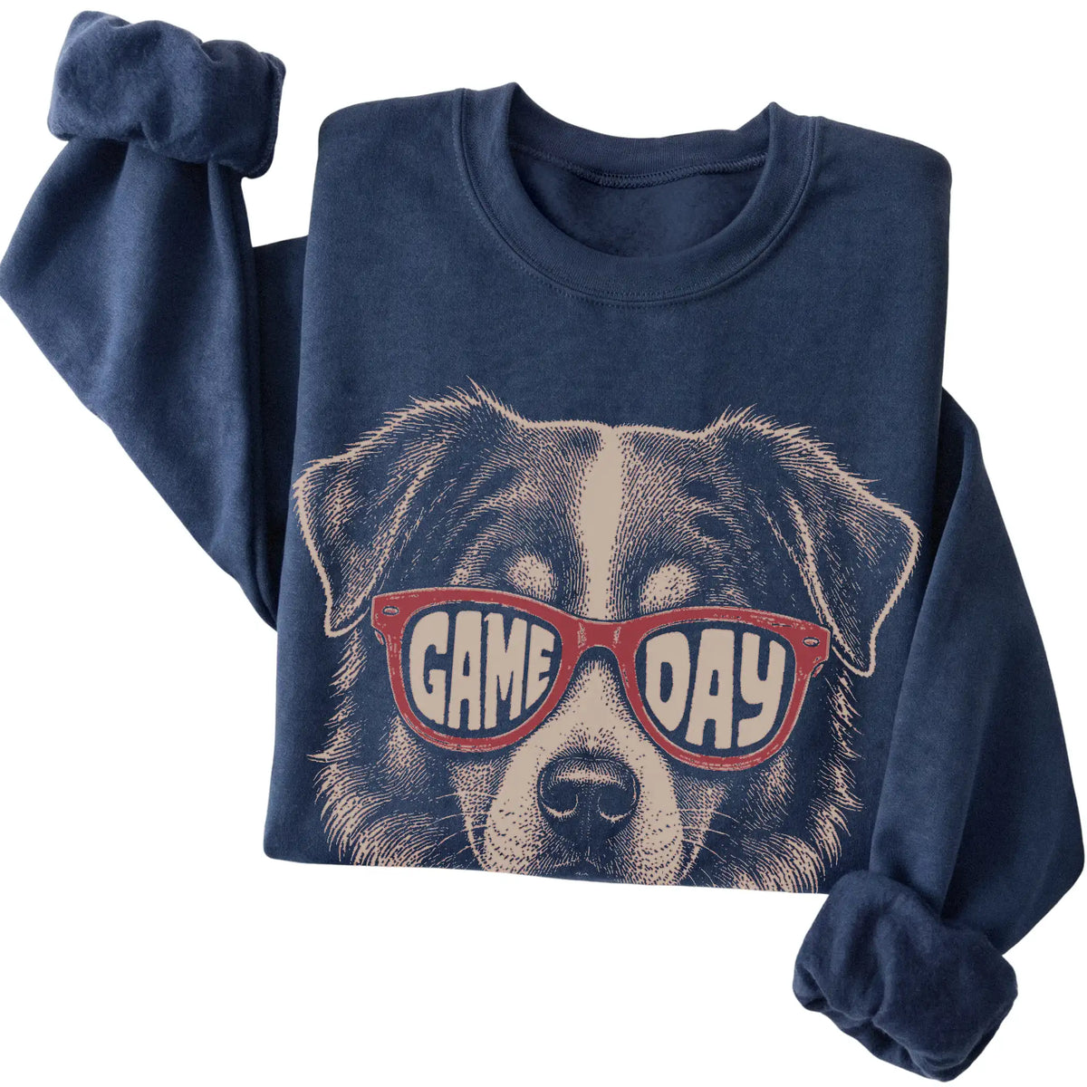 Navy Australian Shepherd Game Day Sunglasses sweatshirt, folded