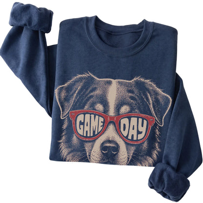 Navy Australian Shepherd Game Day Sunglasses sweatshirt, folded