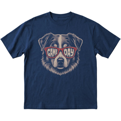 Navy Australian Shepherd Game Day Sunglasses T-shirt, laid flat