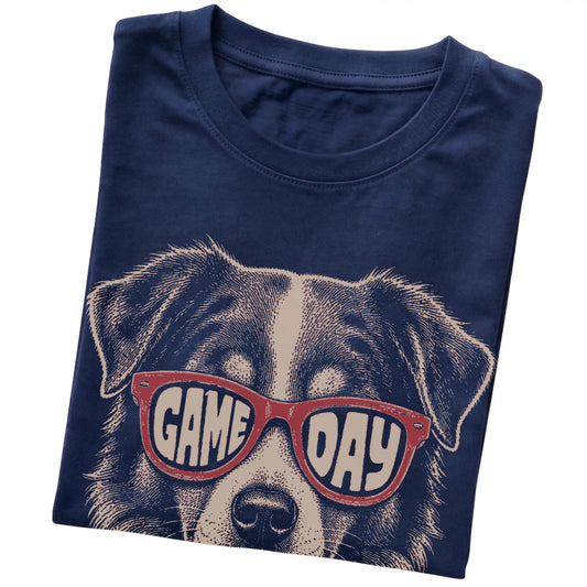 Navy Australian Shepherd Game Day Sunglasses T-shirt, folded